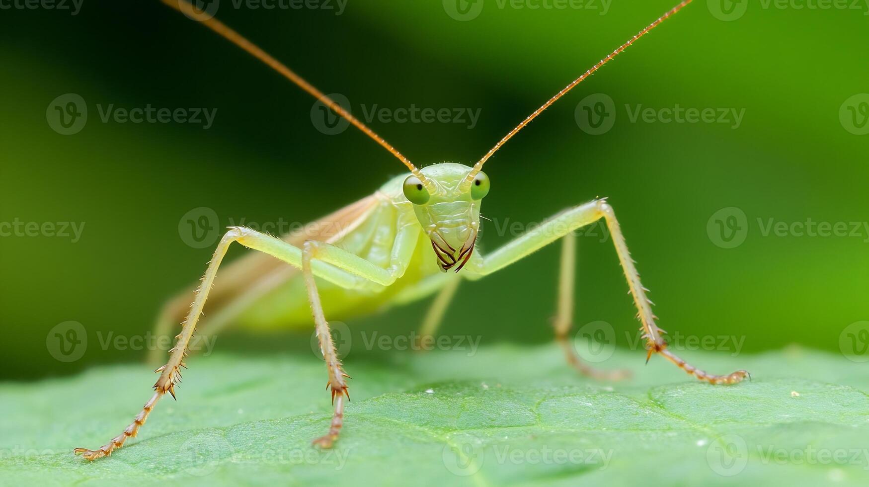 Close-Up of a Green Grasshopper on a Leaf with Blurred Green Background photo