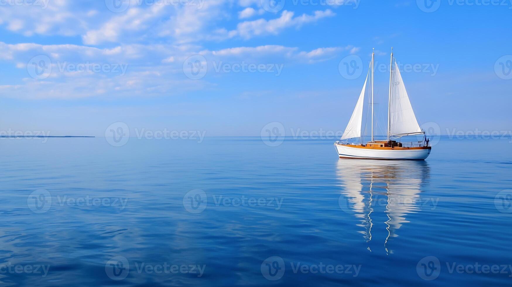 Serene Sailboat Reflected on Calm Blue Ocean Under Clear Sky photo