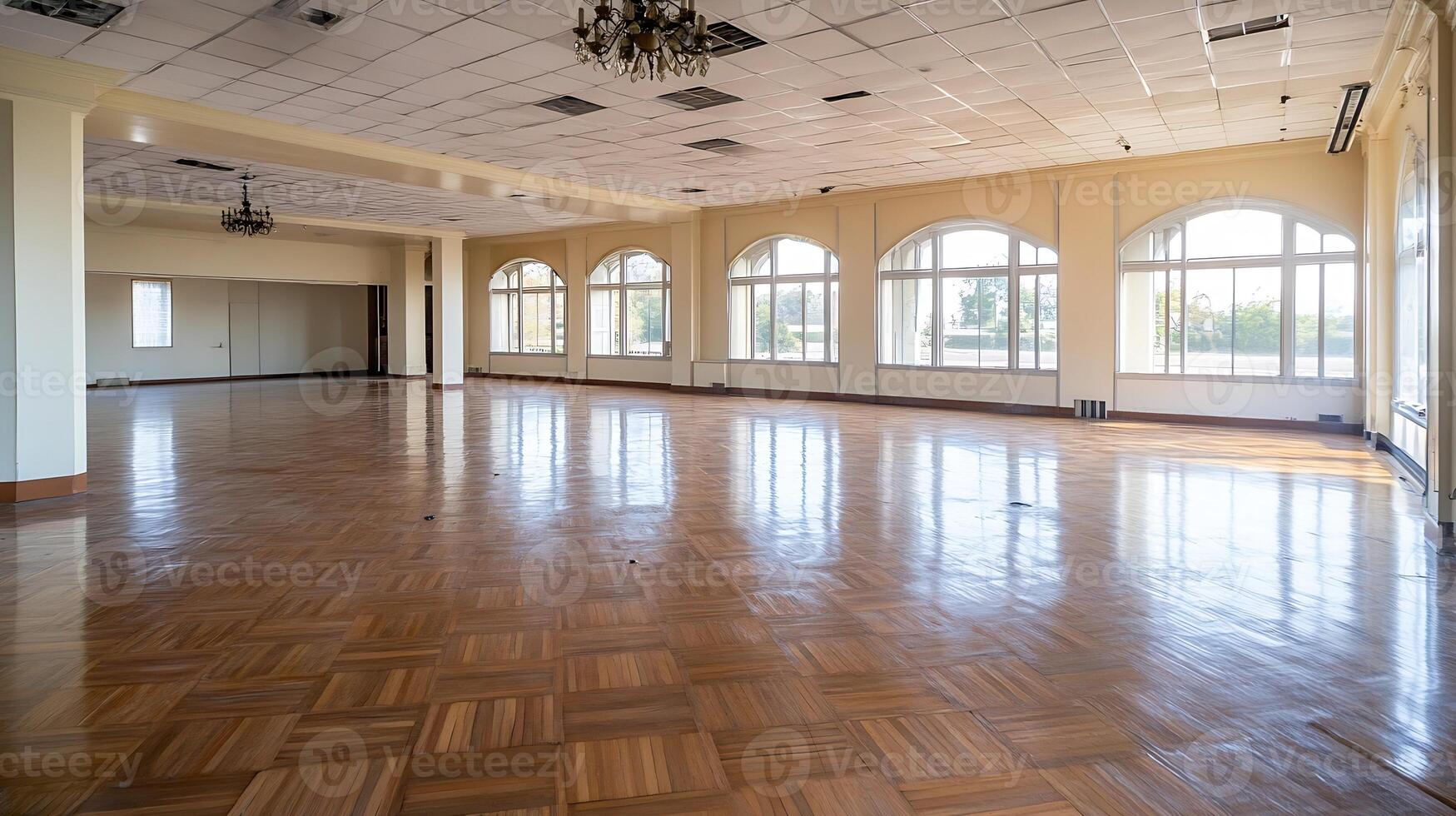Spacious Bright Indoor Event Hall with Elegant Wooden Flooring and Large Windows photo