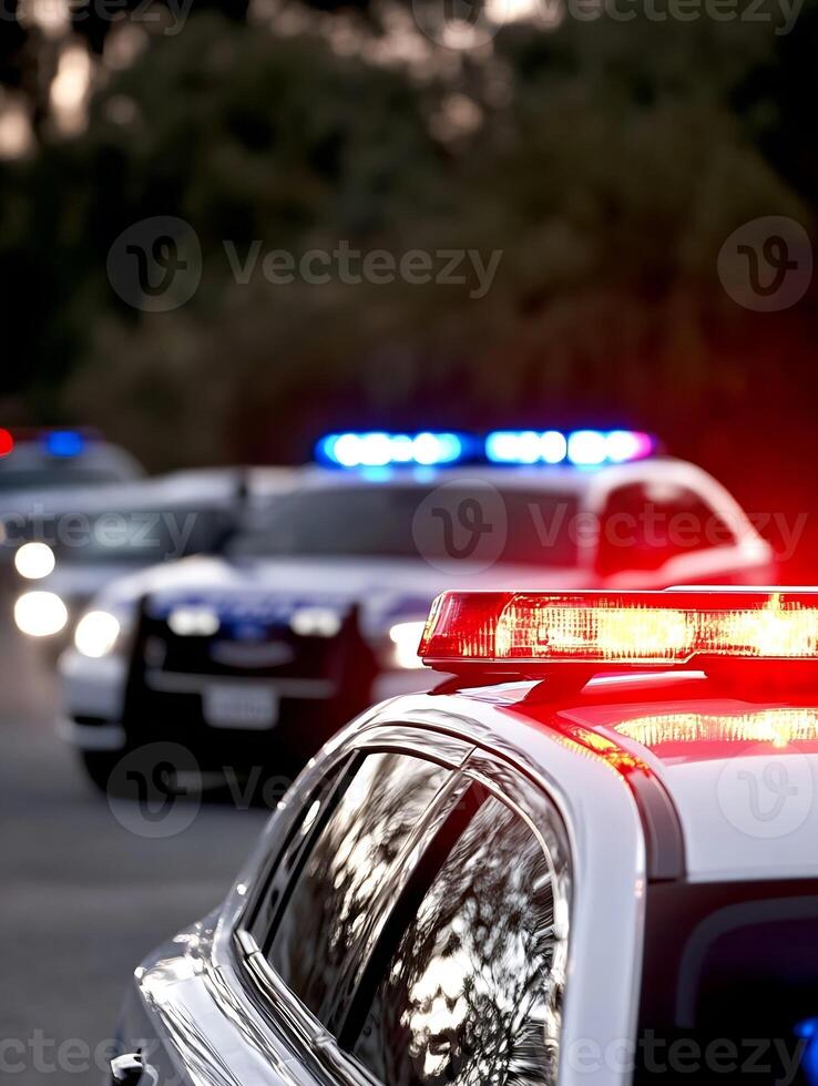 Police Cars with Emergency Lights Flashing at Night on City Street photo