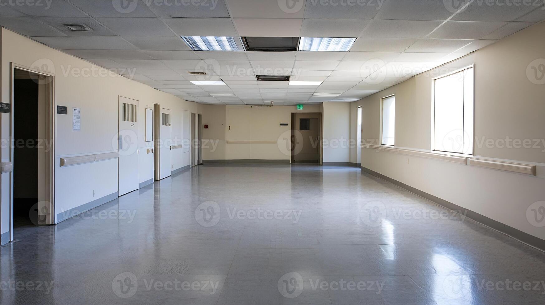 Bright Hospital Corridor With Polished Floor Illuminated by Natural Light photo