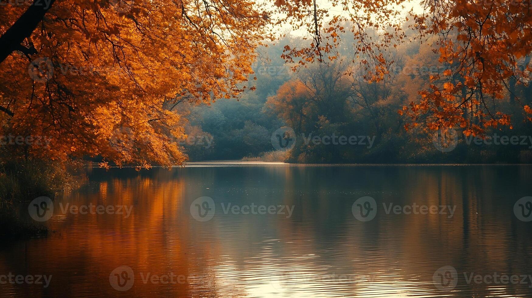 Serene Autumn Lake With Reflections of Colorful Foliage in Tranquil Natural Setting photo