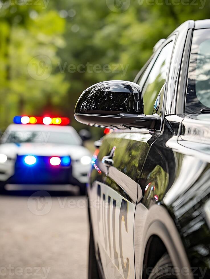 Police Cars with Flashing Red and Blue Lights on Forest Road in Law Enforcement Patrol Scene Capture photo