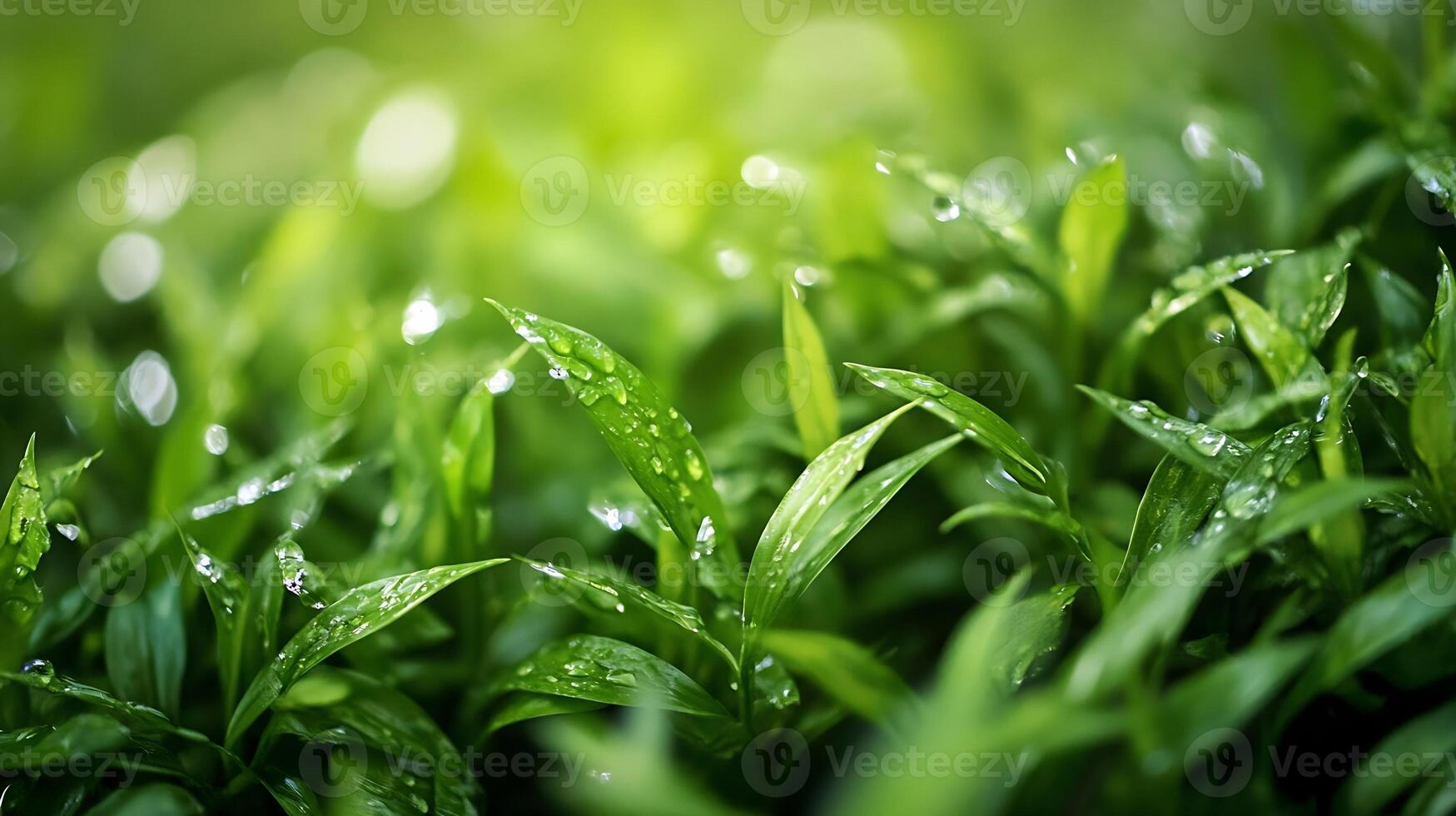 Close up of lush green foliage with dew drops on leaves in natural sunlight photo