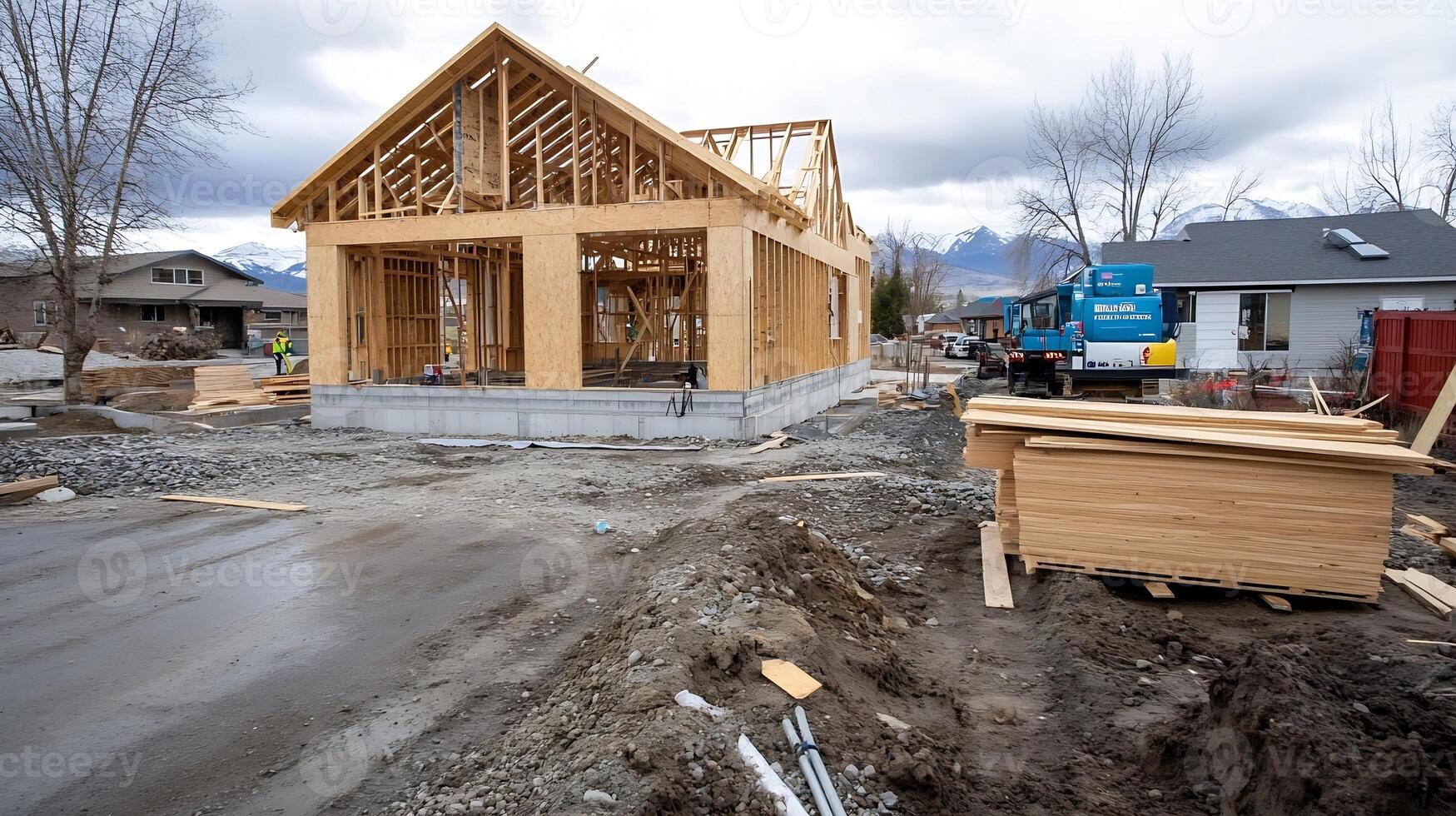 Wooden Frame of House Under Construction in Scenic Neighborhood near Majestic Snowcapped Mountains photo