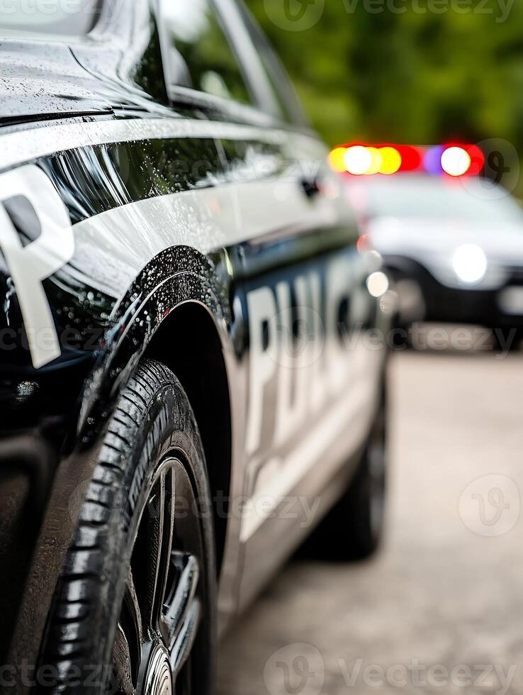 Close-up of Police Car in Action with Emergency Lights Flashing photo