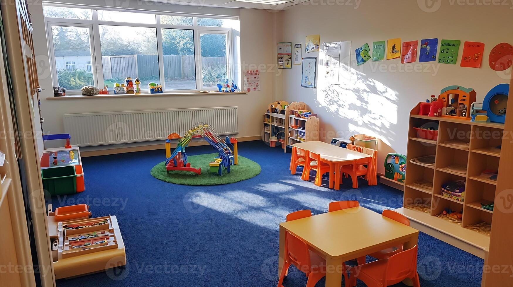 Bright and colorful kindergarten classroom with educational toys and vibrant decorations photo
