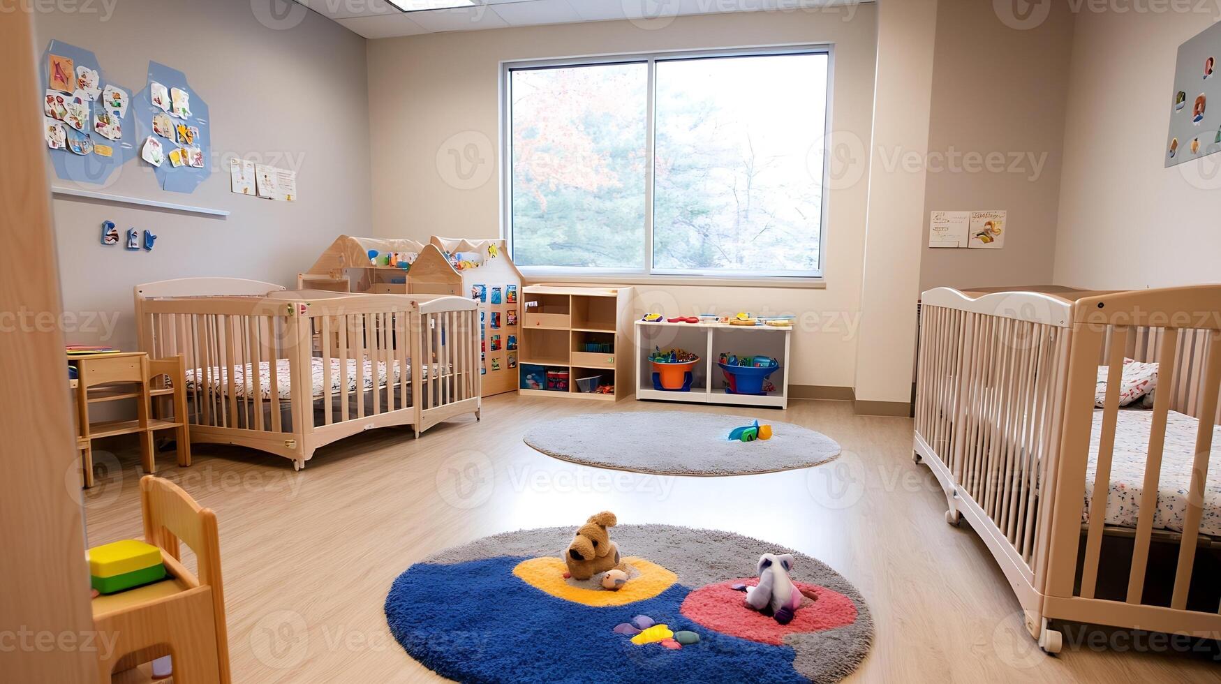 Bright and Inviting Daycare Room for Children with Soft Toys Cots and Playful Decor photo