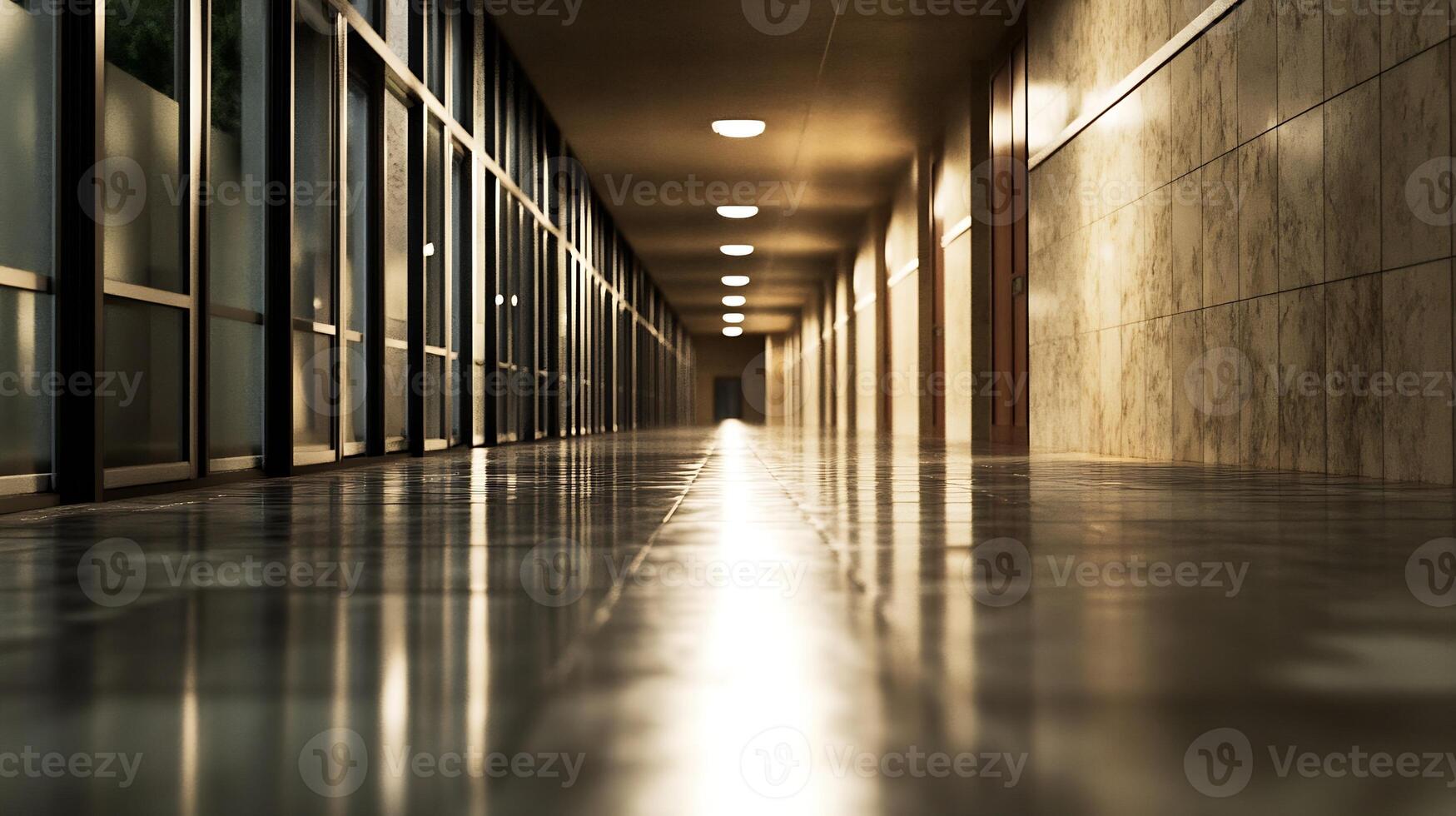 Quiet and Polished Office Corridor with Shiny Wooden Floor and Soft Lighting for a Modern Work Environment photo