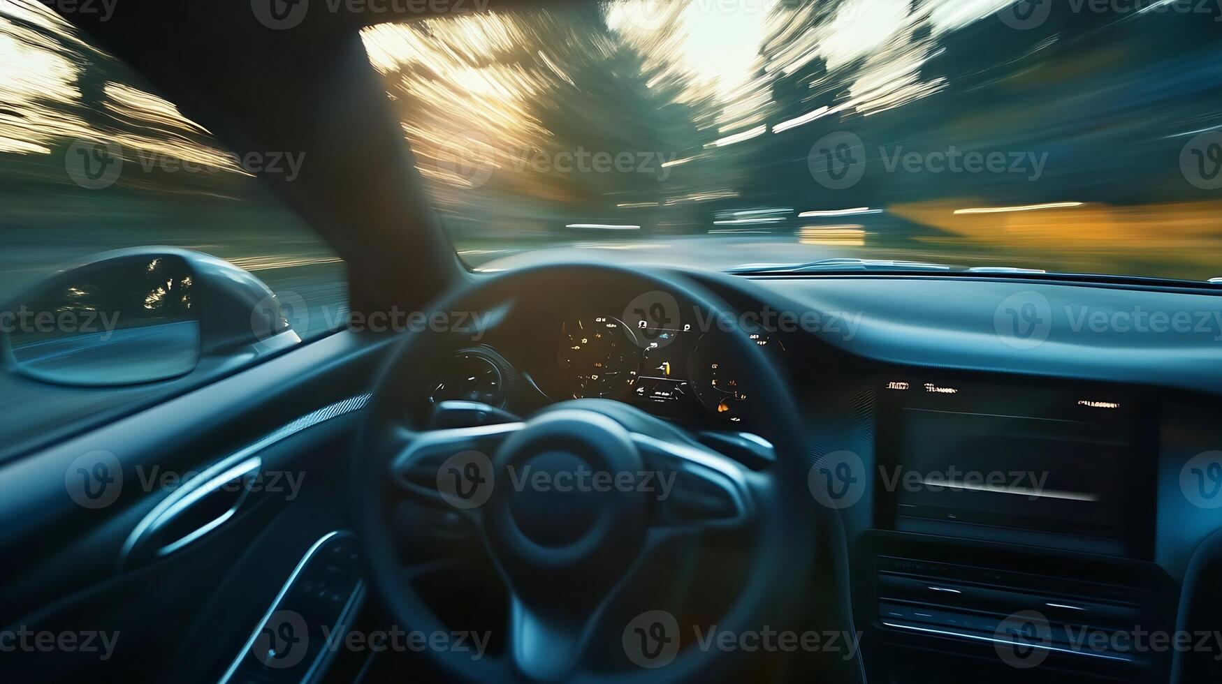 High-Speed Car Interior with Motion Blur Driving Through a Scenic Urban Environment photo