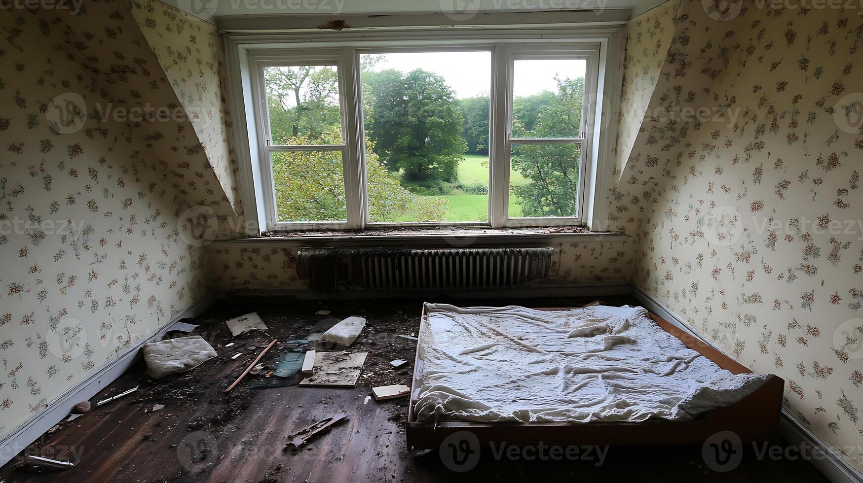 Abandoned room with dilapidated bed and scenic view from window on overgrown landscape photo
