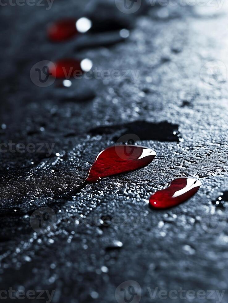 Artistic Closeup of Red Drops on Dark Wet Surface with Dramatic Lighting photo