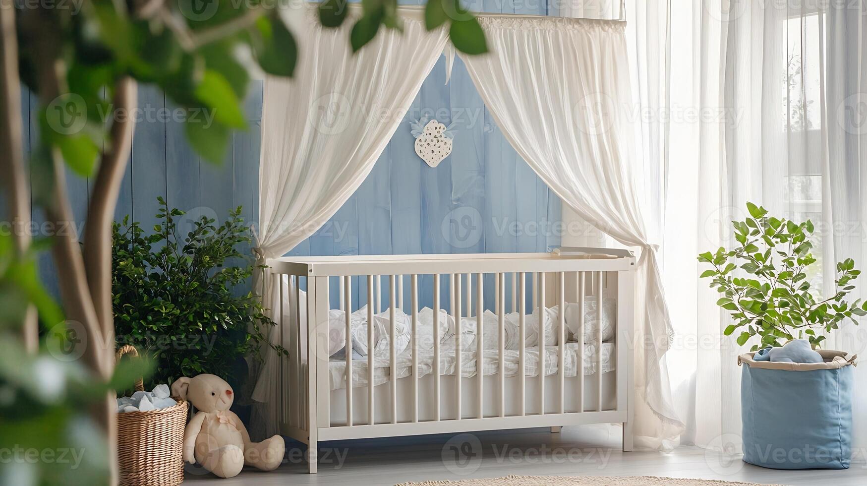 Stylish Nursery Room with White Crib and Natural Light Decor photo