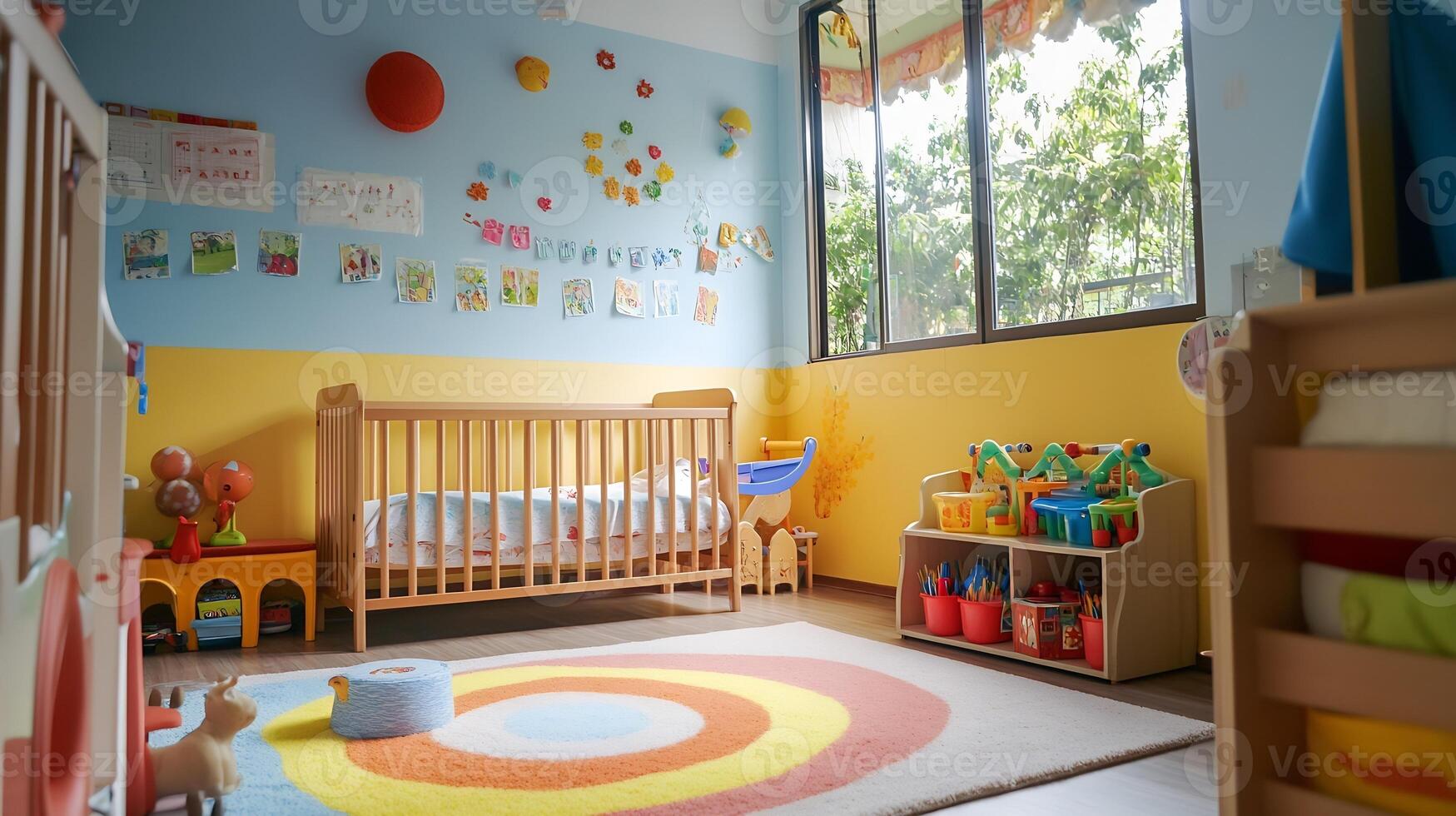 Bright and Colorful Nursery Room with Wooden Crib and Educational Decor photo