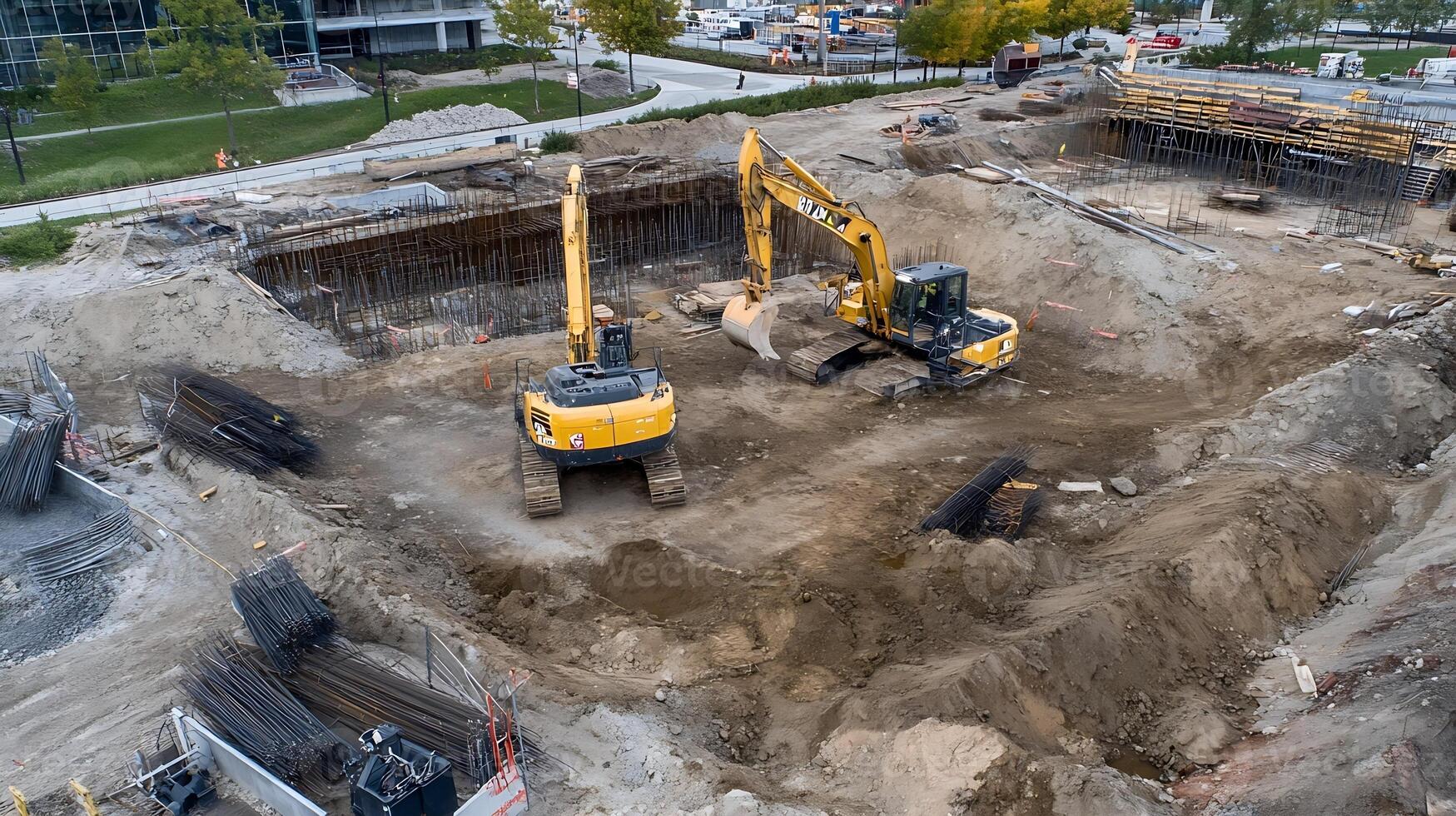 Construction Site with Excavators and Heavy Machinery During Earthwork Operations photo