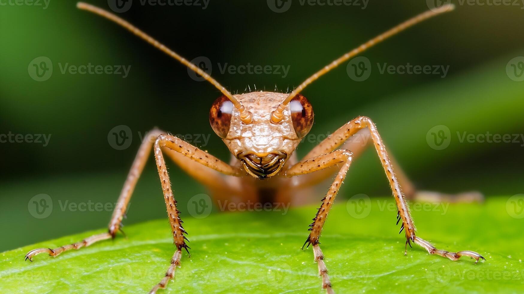 Macro of Brown Insect on Green Leaf Displaying Intricate Patterns and Textures photo