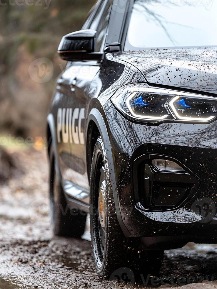 Sleek Black Police Vehicle Off-Road Adventure with Blue Flashing Lights in Muddy Terrain photo