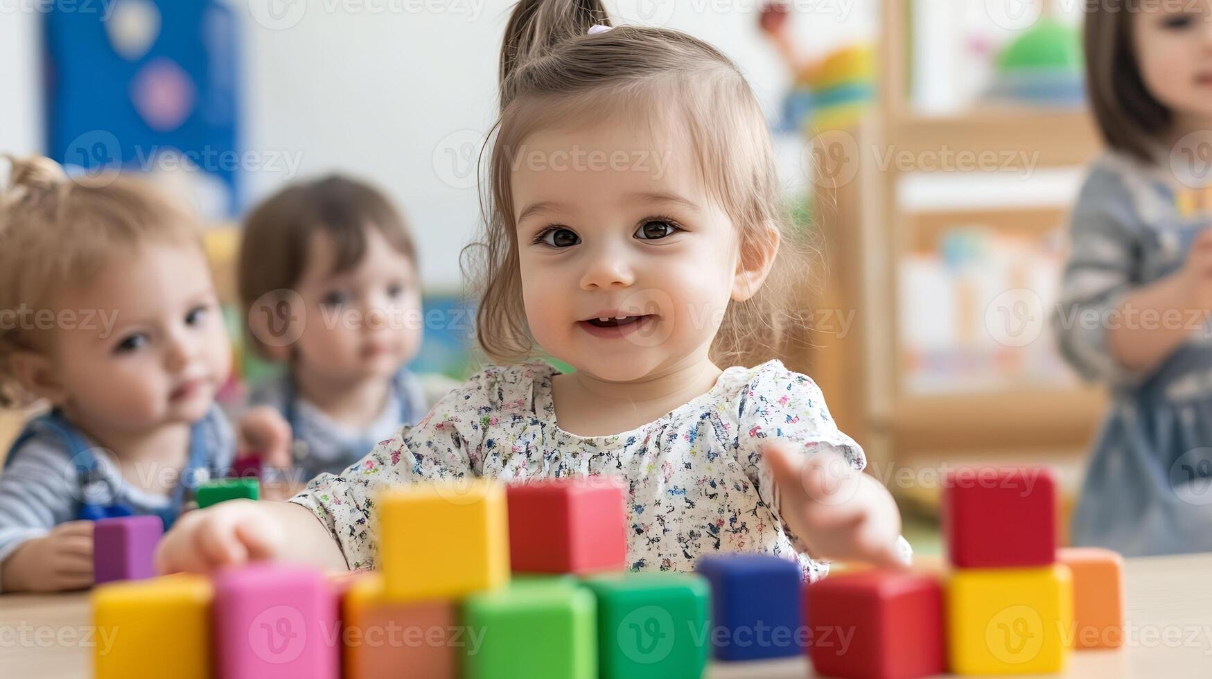 Smiling Toddler Playing with Colorful Toy Blocks in Preschool Setting photo