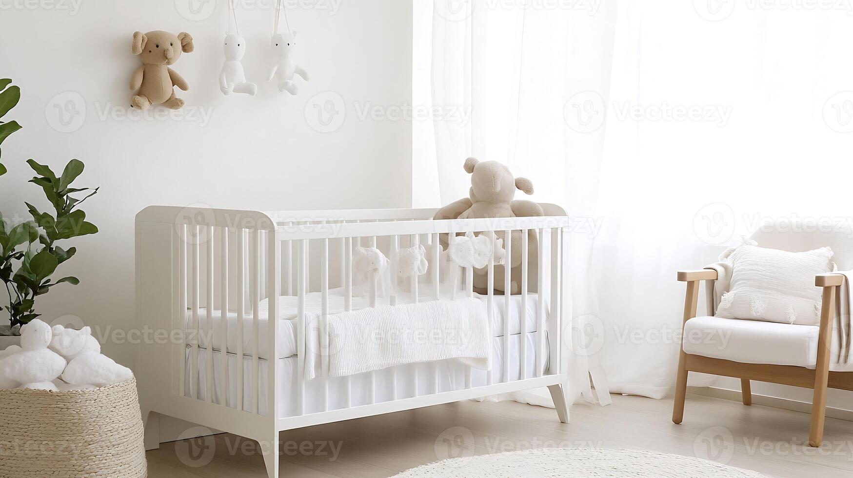Modern Minimalist White Nursery with Crib and Soft Toy Accents in Bright Natural Lighting photo