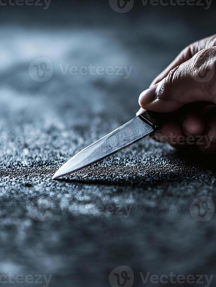 Closeup of hand holding a sharp knife on textured dark surface for dramatic concept photo