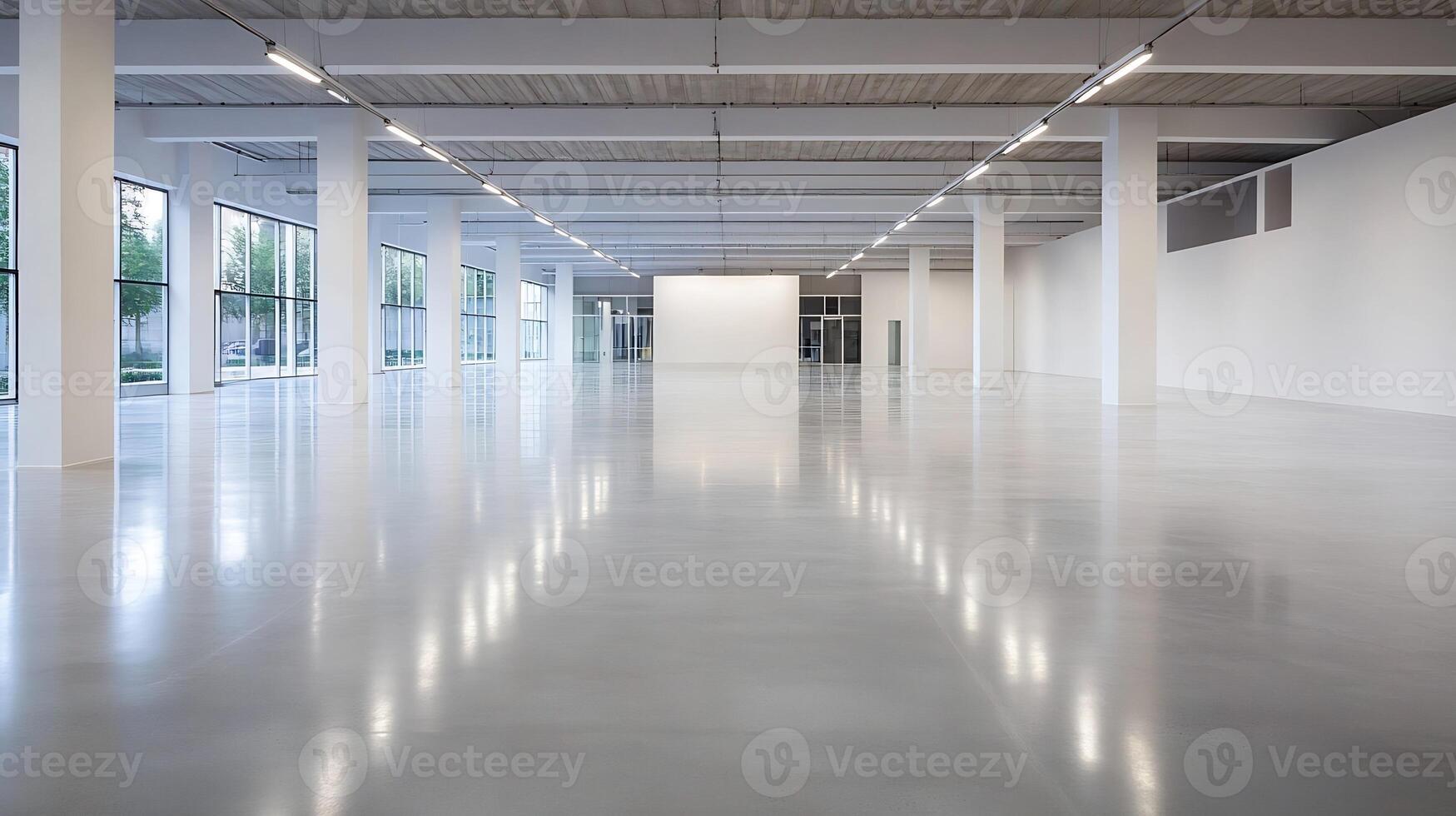 Spacious modern industrial warehouse interior with polished concrete floor and bright lighting photo