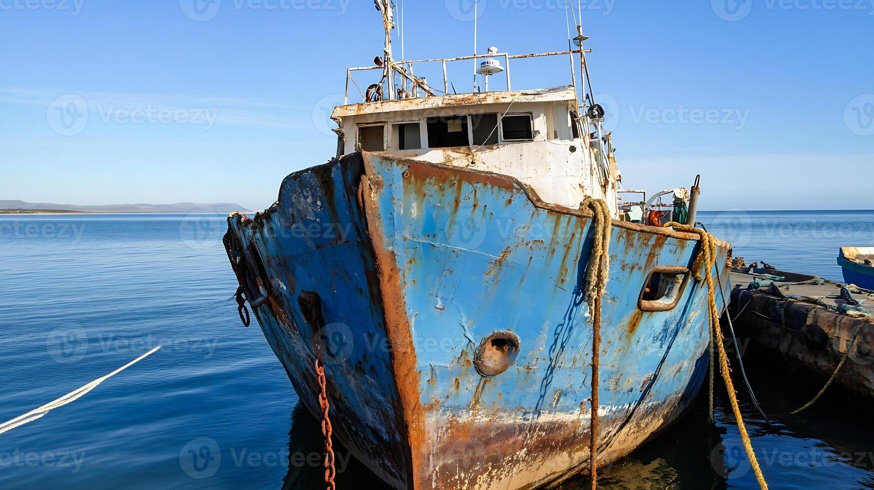 Rustic Weathered Blue Fishing Boat Anchored in Calm Ocean Waters photo