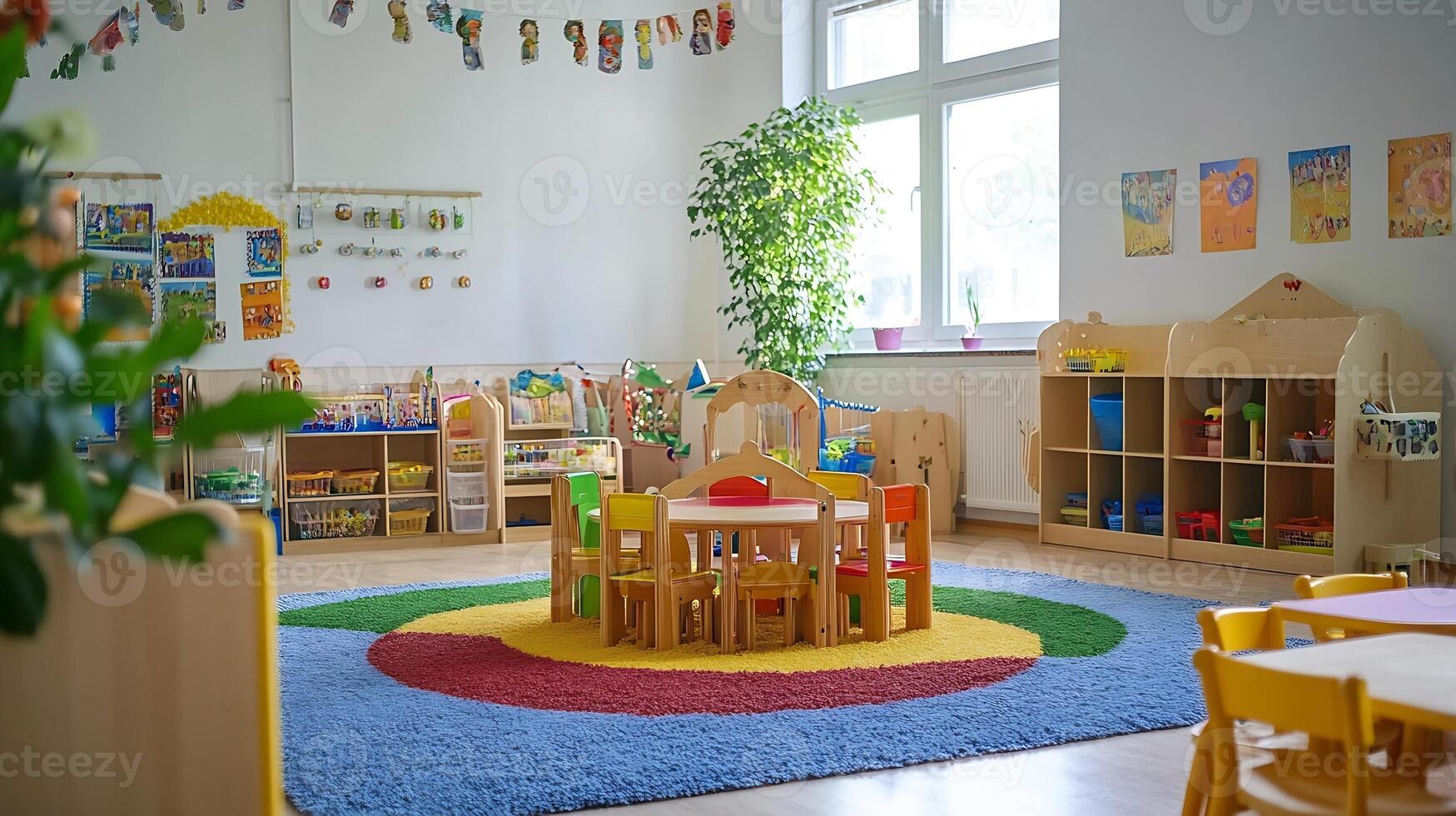 Bright and Colorful Kindergarten Classroom with Playful Decor and Furniture Setup photo