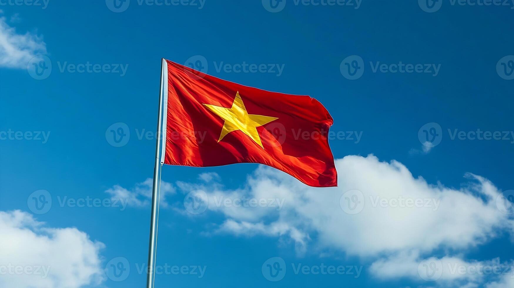 Vietnamese Flag Against Clear Blue Sky Symbolizing National Identity and Unity photo