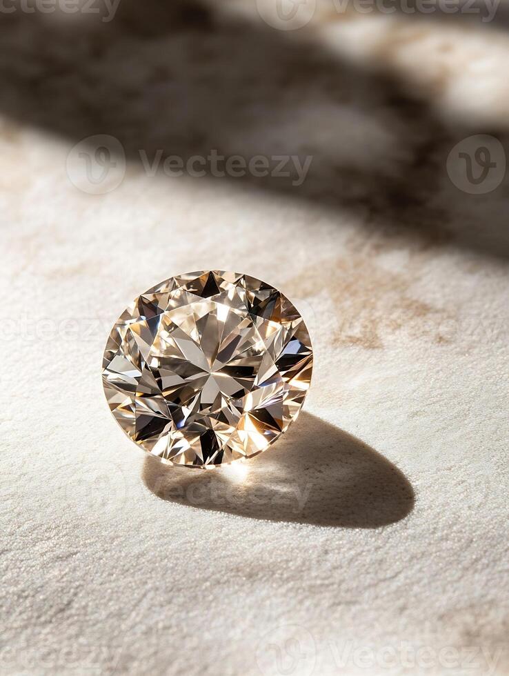 A Brilliant Round Cut Diamond Sparkling on Marble Surface with Soft Shadows photo
