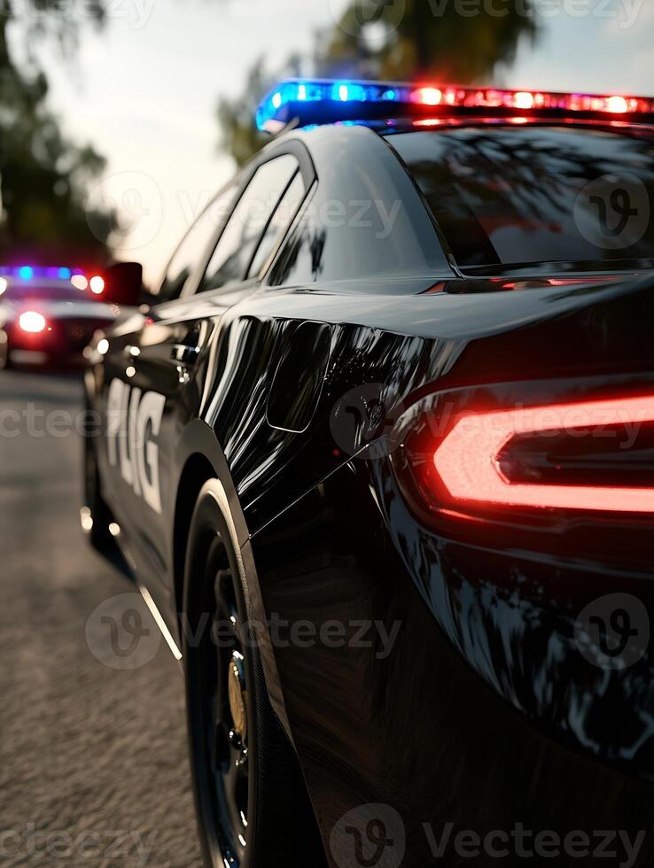 Police Cruiser on Urban Street with Flashing Red and Blue Lights at Sunset photo
