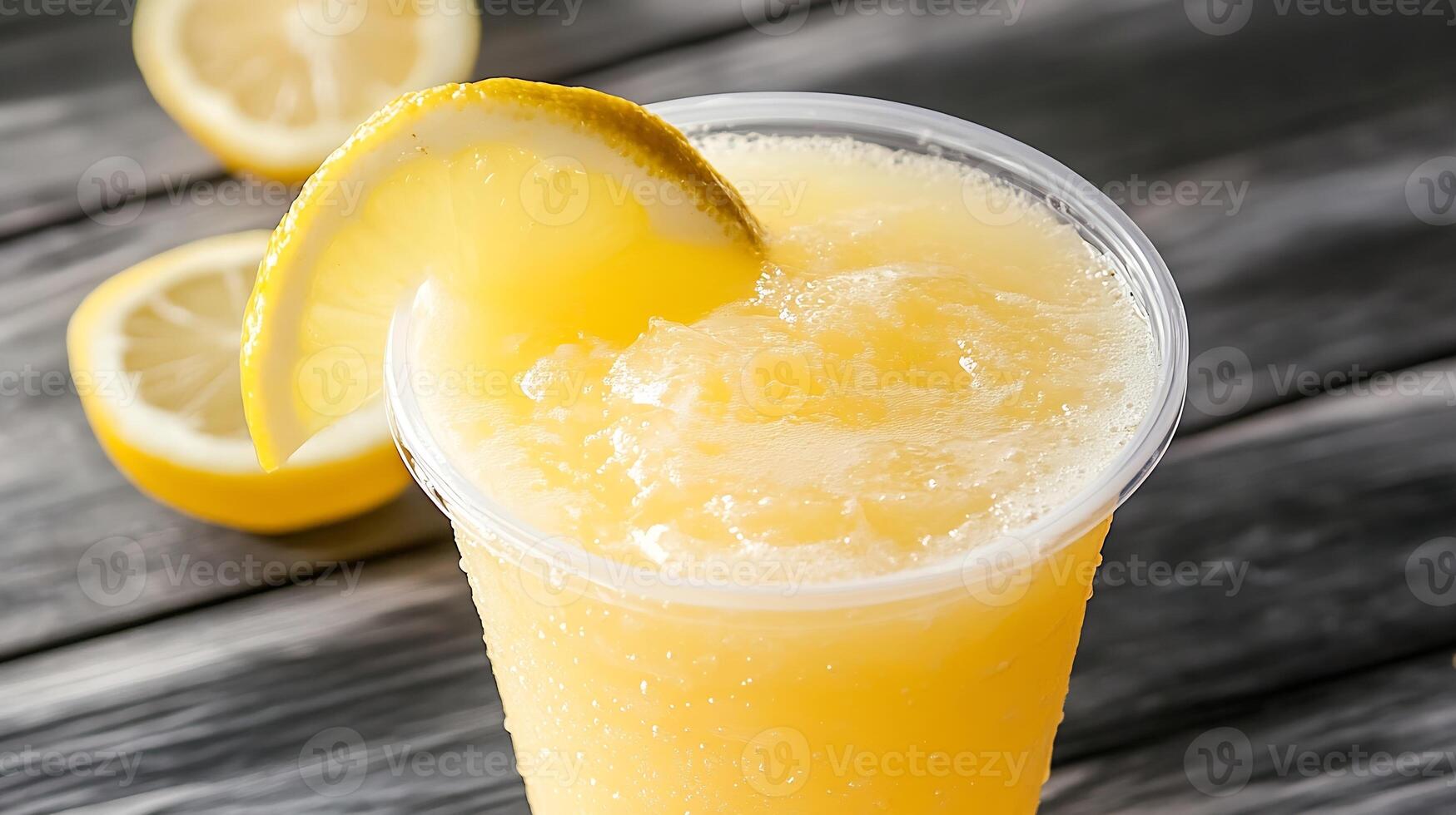 Refreshing frozen lemonade drink with citrus slice perfect for cooling down on a hot summer day photo