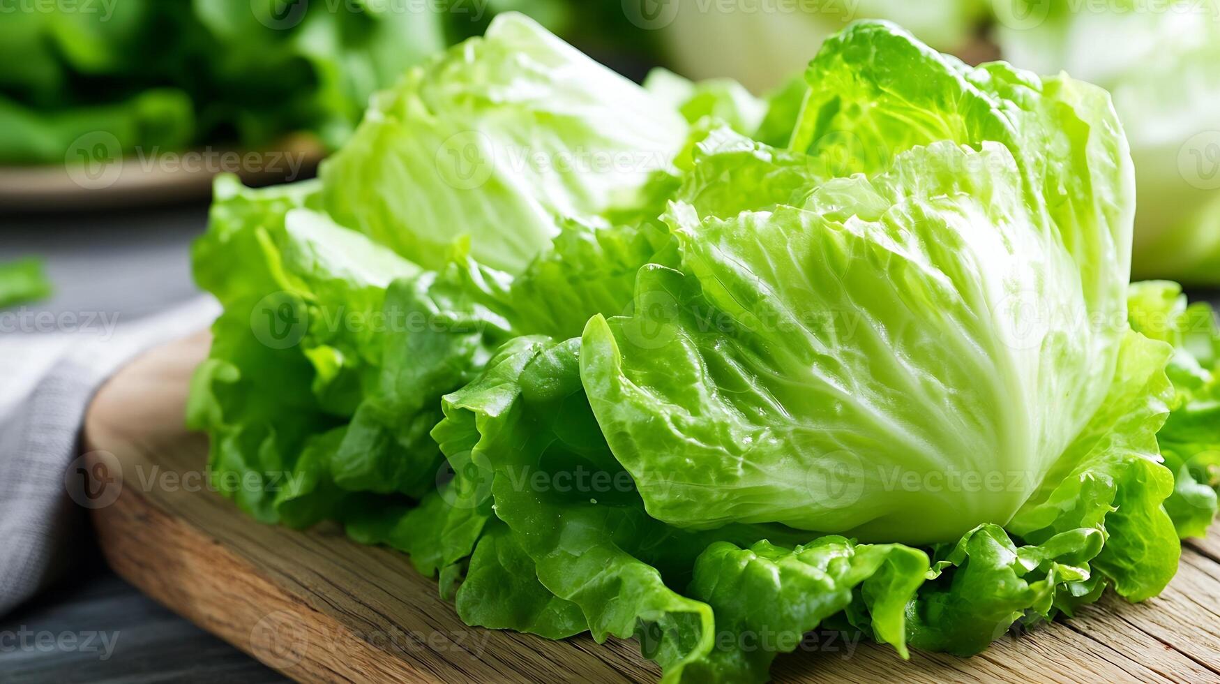 Fresh Crisp Lettuce on Wooden Board Ready for Healthy Salad Preparations photo