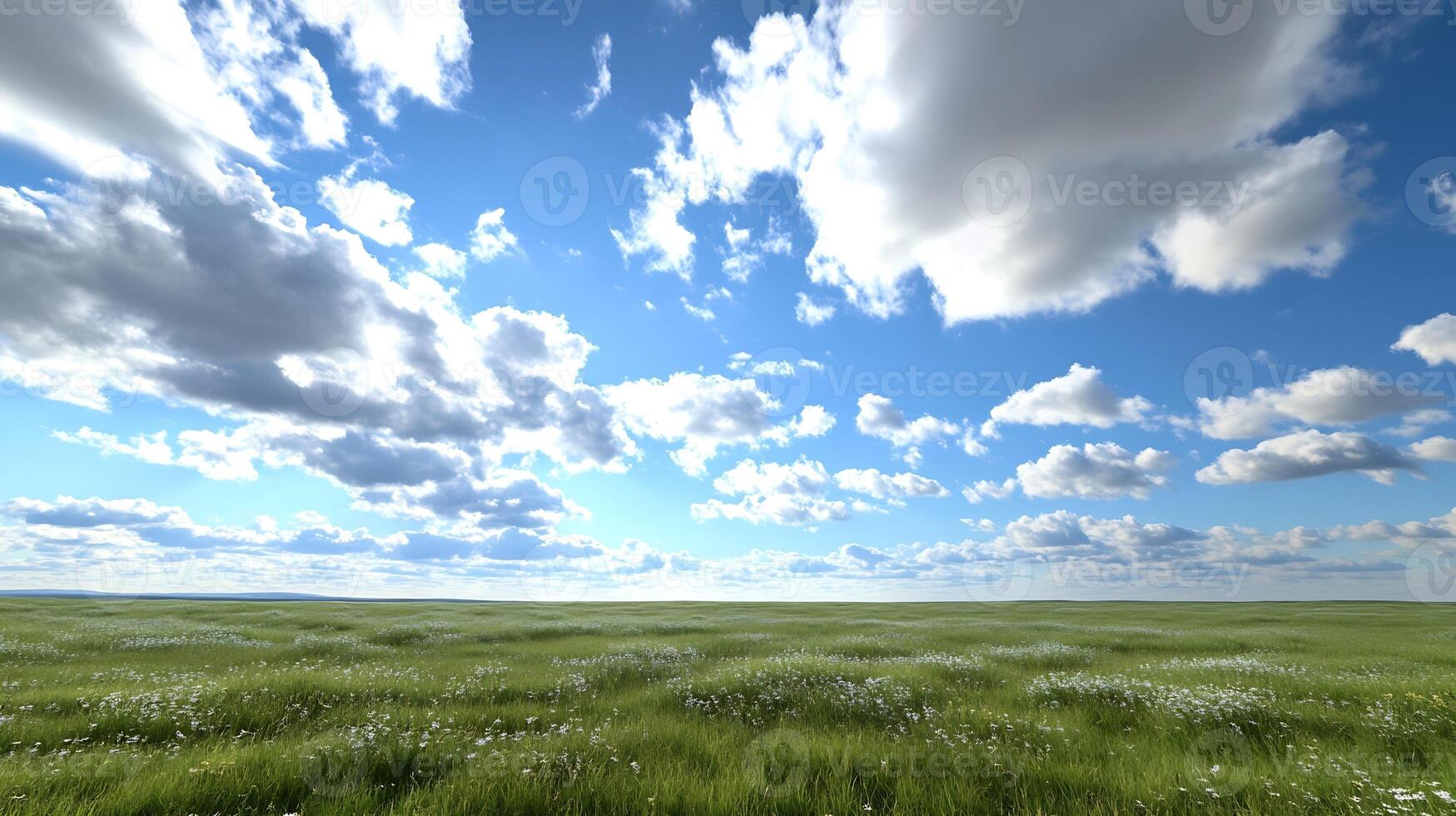 Wide blue sky with fluffy clouds over expansive green field photo