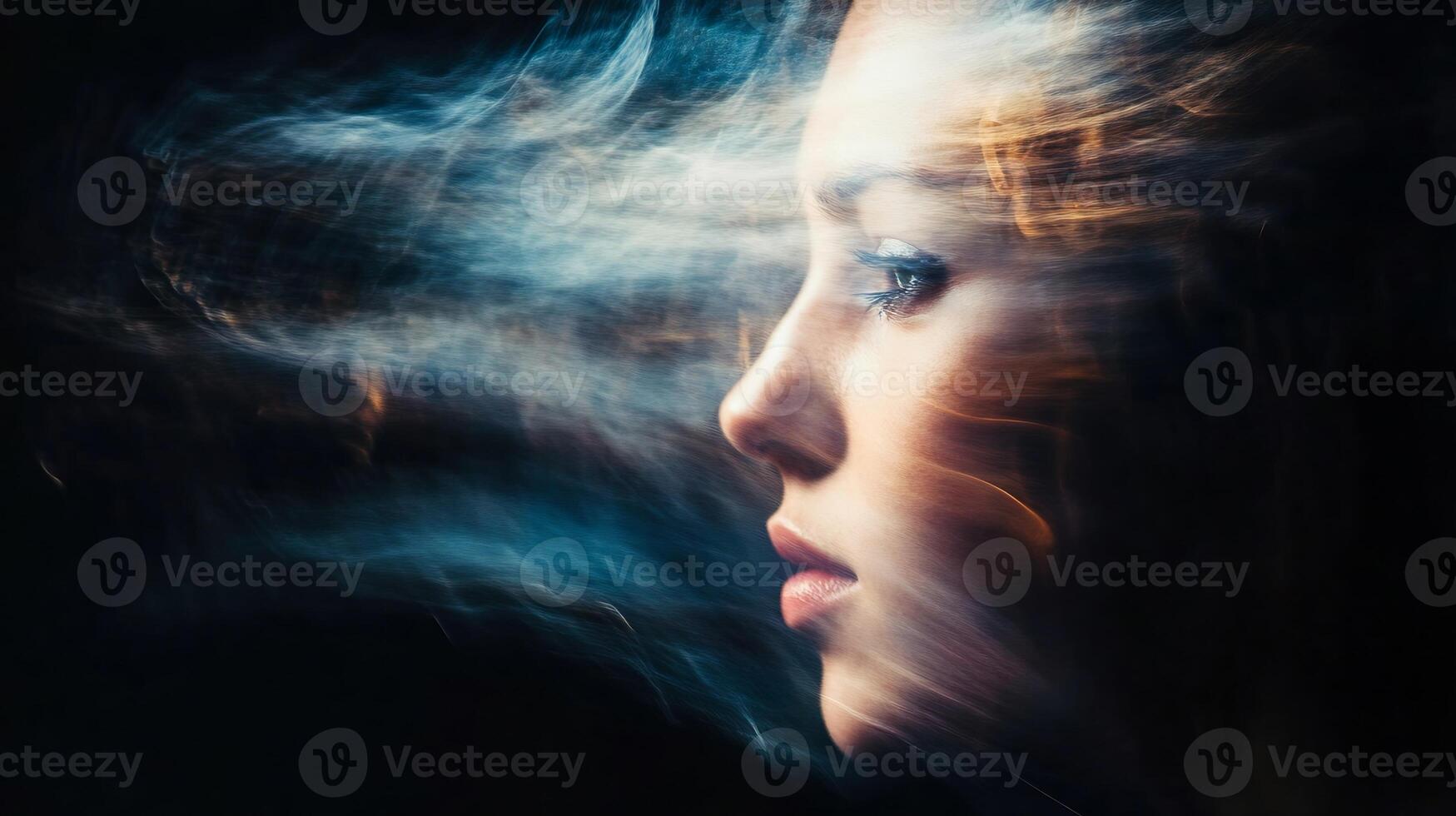 Artistic Portrait of a Woman with Long Hair Creating Motion Blur Against a Dark Backdrop photo