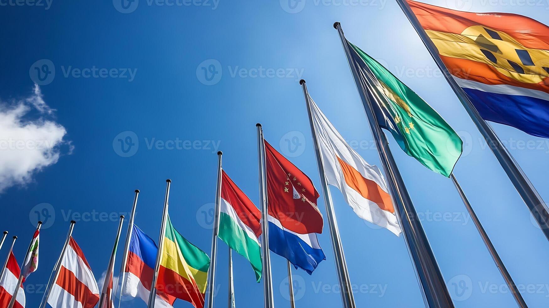 National Flags of the World Flying High Against Clear Blue Sky photo
