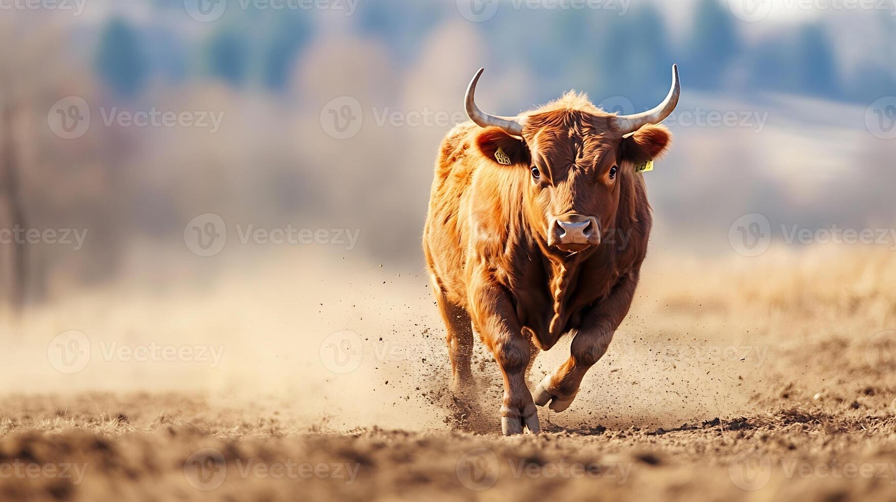 Powerful Bull Charging on Dusty Field in Dramatic Action Moment photo