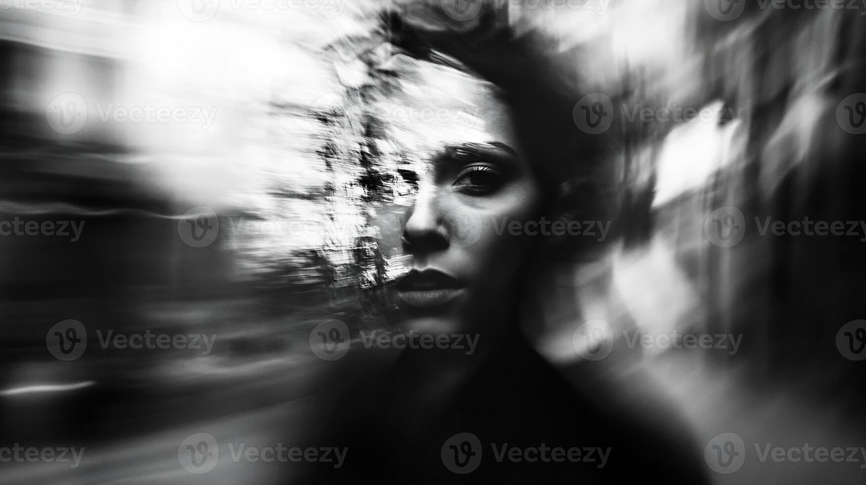 Artistic Blur Portrait of Woman in Motion with Abstract Black and White Photography Effects photo