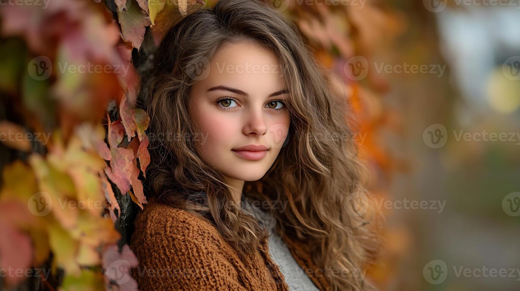 Portrait of a young woman with curly hair amidst vibrant autumn leaves photo