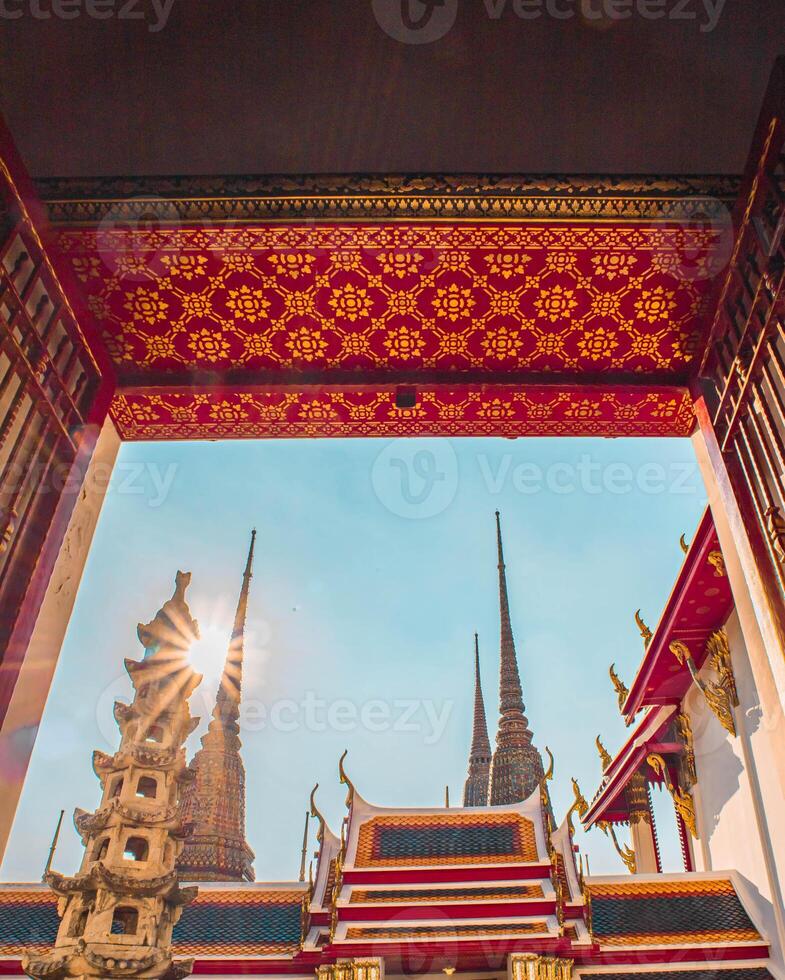 A stunning temple in an ancient city showcasing traditional Thai architecture. photo