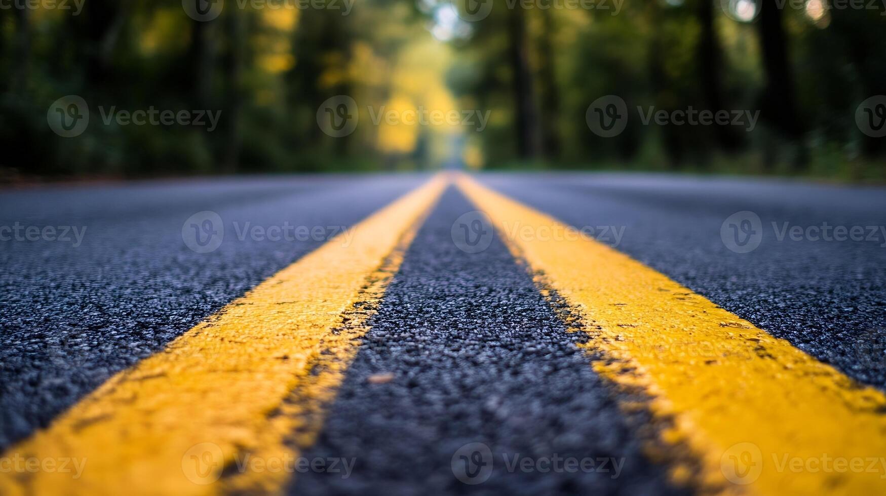 Closeup of Empty Scenic Road with Vibrant Yellow Lines and Green Forest in Background photo