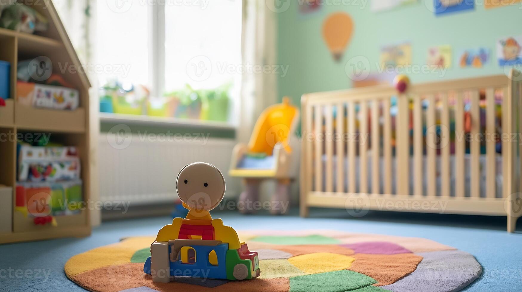Colorful Cozy Nursery Room with Wooden Toys and Crib in Soft Natural Lighting photo
