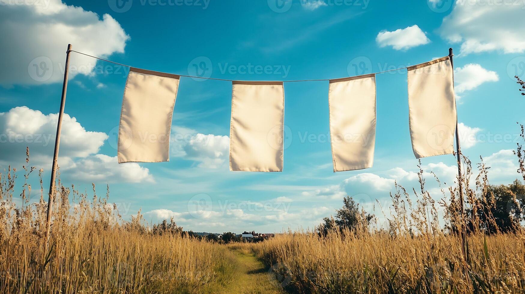 Rustic Landscape with Cloth Banners Swaying in the Breeze Against Blue Sky photo