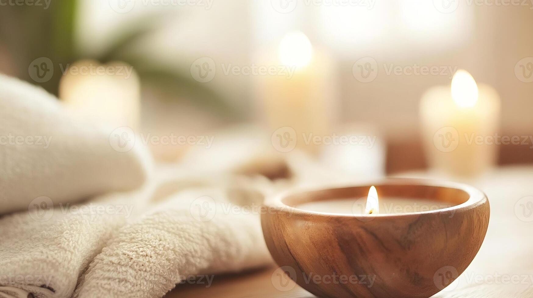 Relaxing Spa Atmosphere with Lit Scented Candle and Soft Towels for Serenity photo