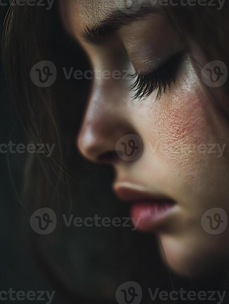 Close up portrait of a young woman with soft features and serene expression photo