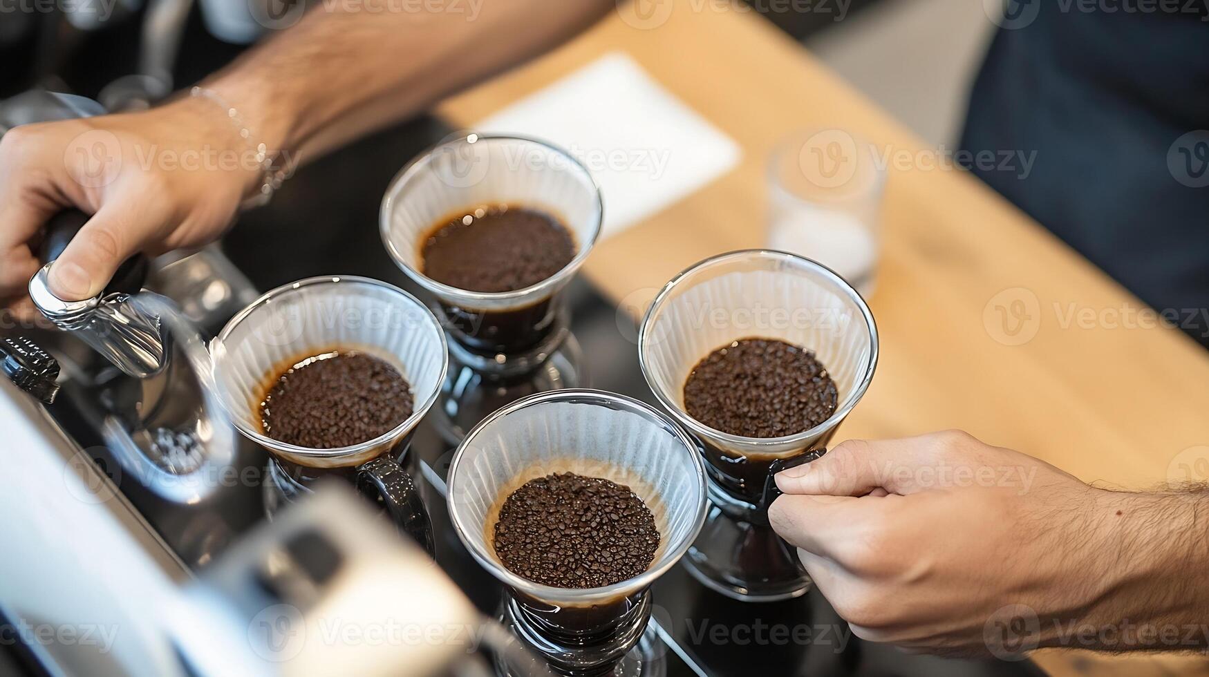 Closeup of Barista Hand Brewing Fresh Coffee with Stylish Pour Over Coffee Makers photo