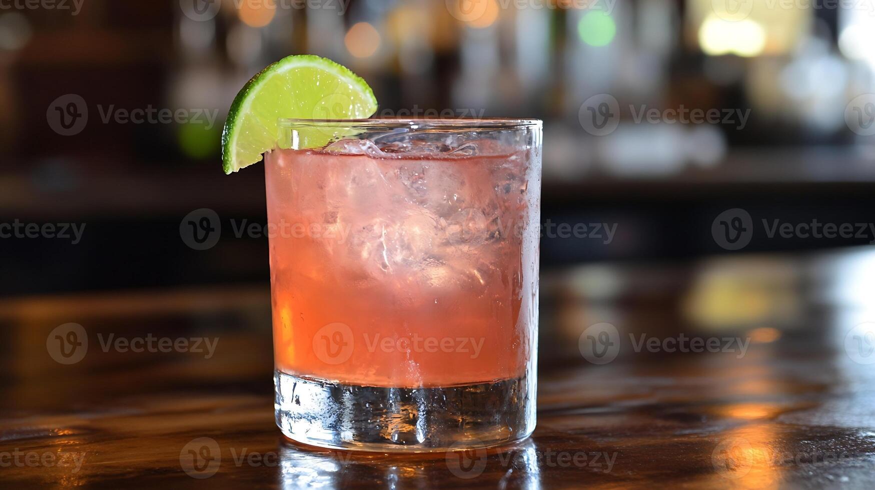Refreshing cocktail with lime on a rustic wooden bar surface photo