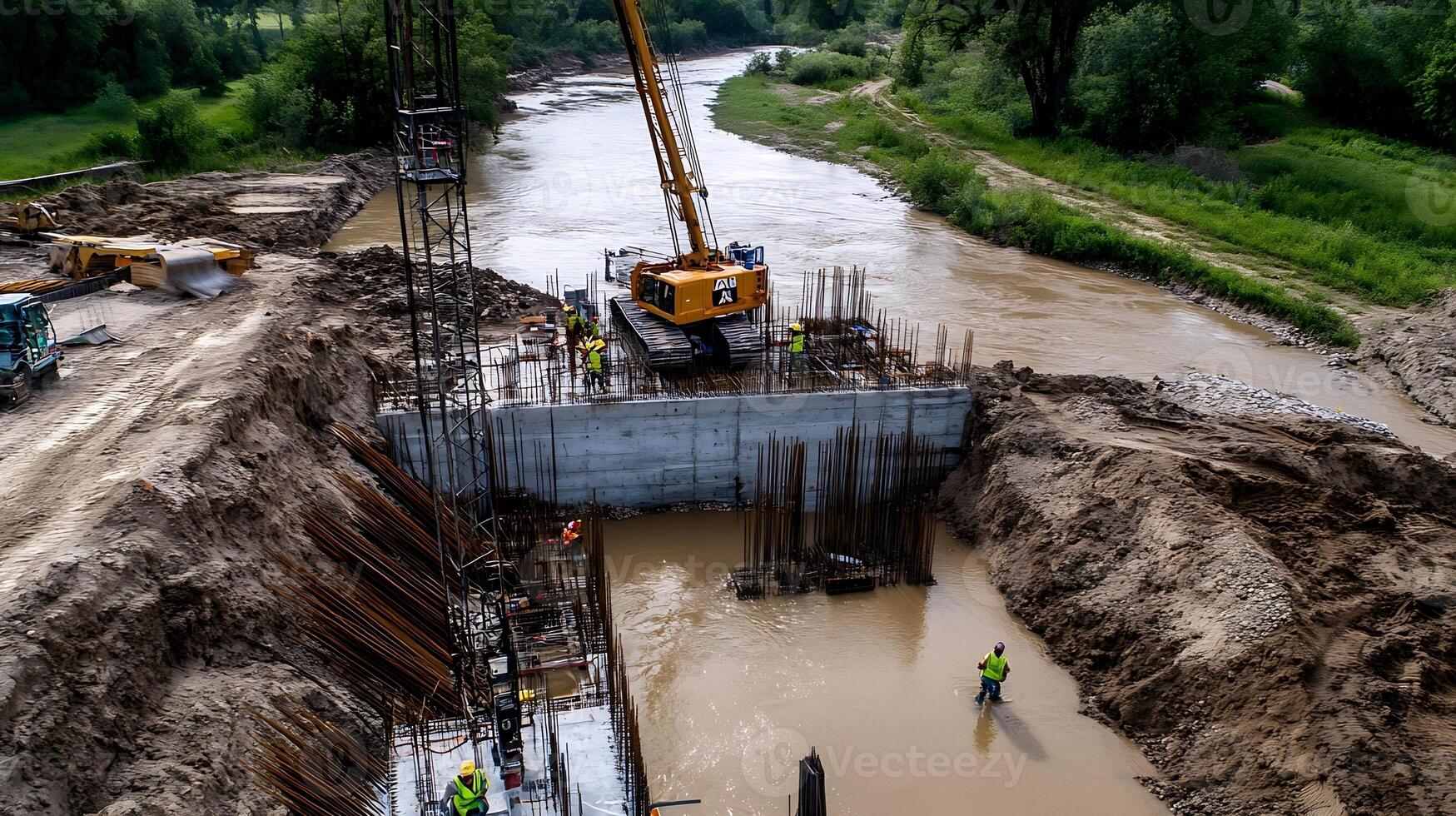 Aerial View of Construction Site on Riverbank with Crane and Workers Building Foundation photo