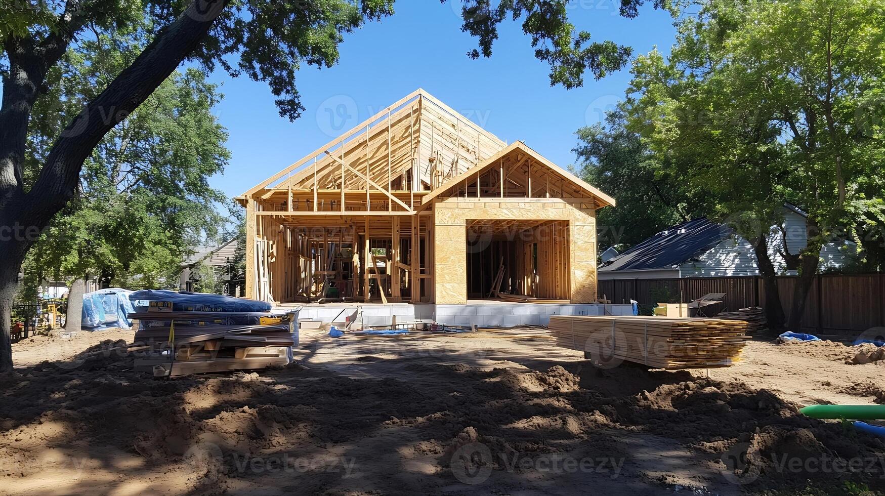 New Residential House Under Construction in Suburban Setting with Wooden Framework and Materials photo