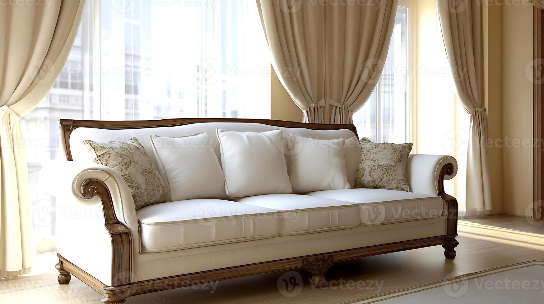 Elegant Classic Sofa with Luxurious Cushions in Brightly Lit Room photo