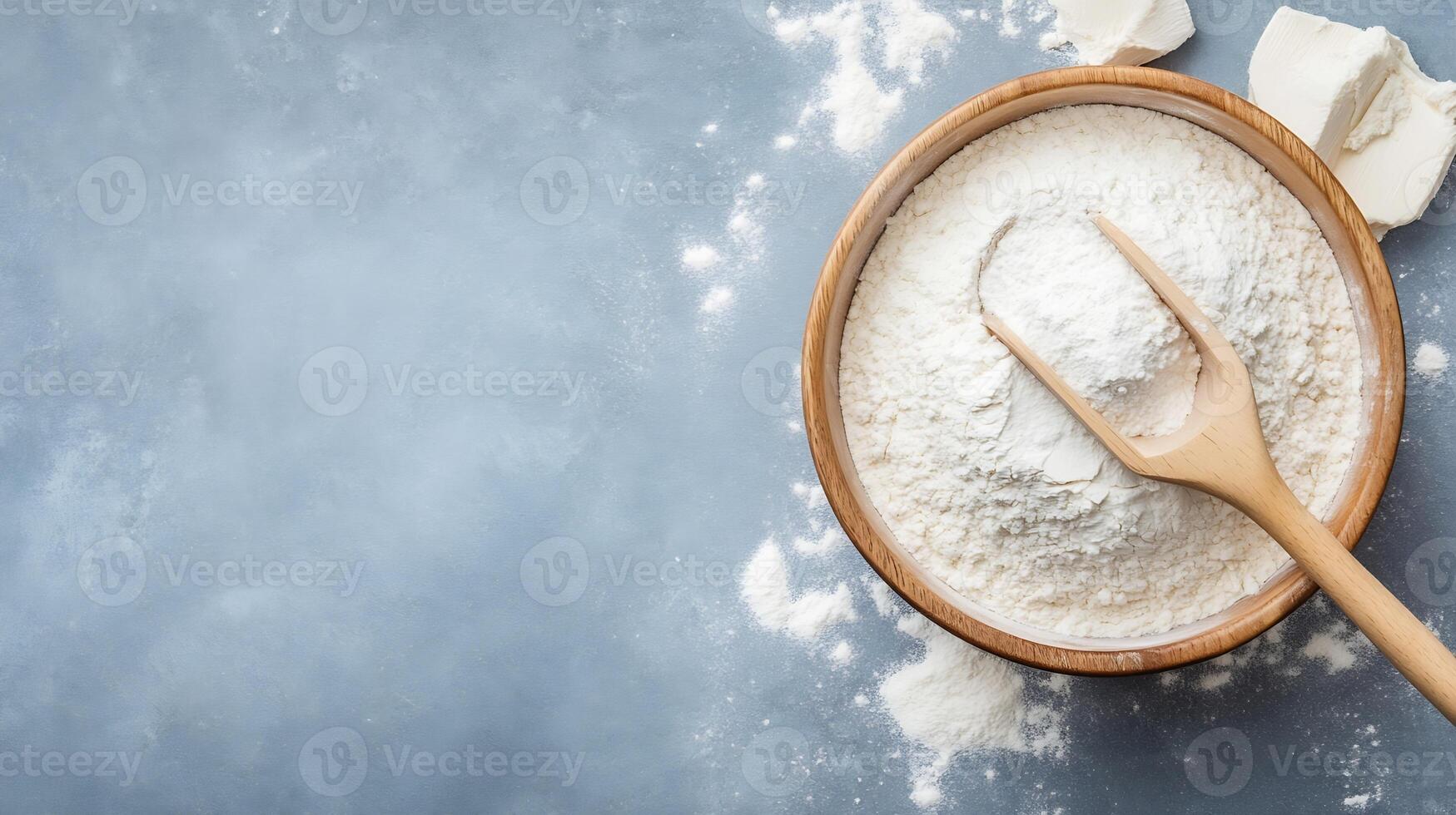 Wooden Bowl Filled with Fine White Flour on Light Blue Background photo
